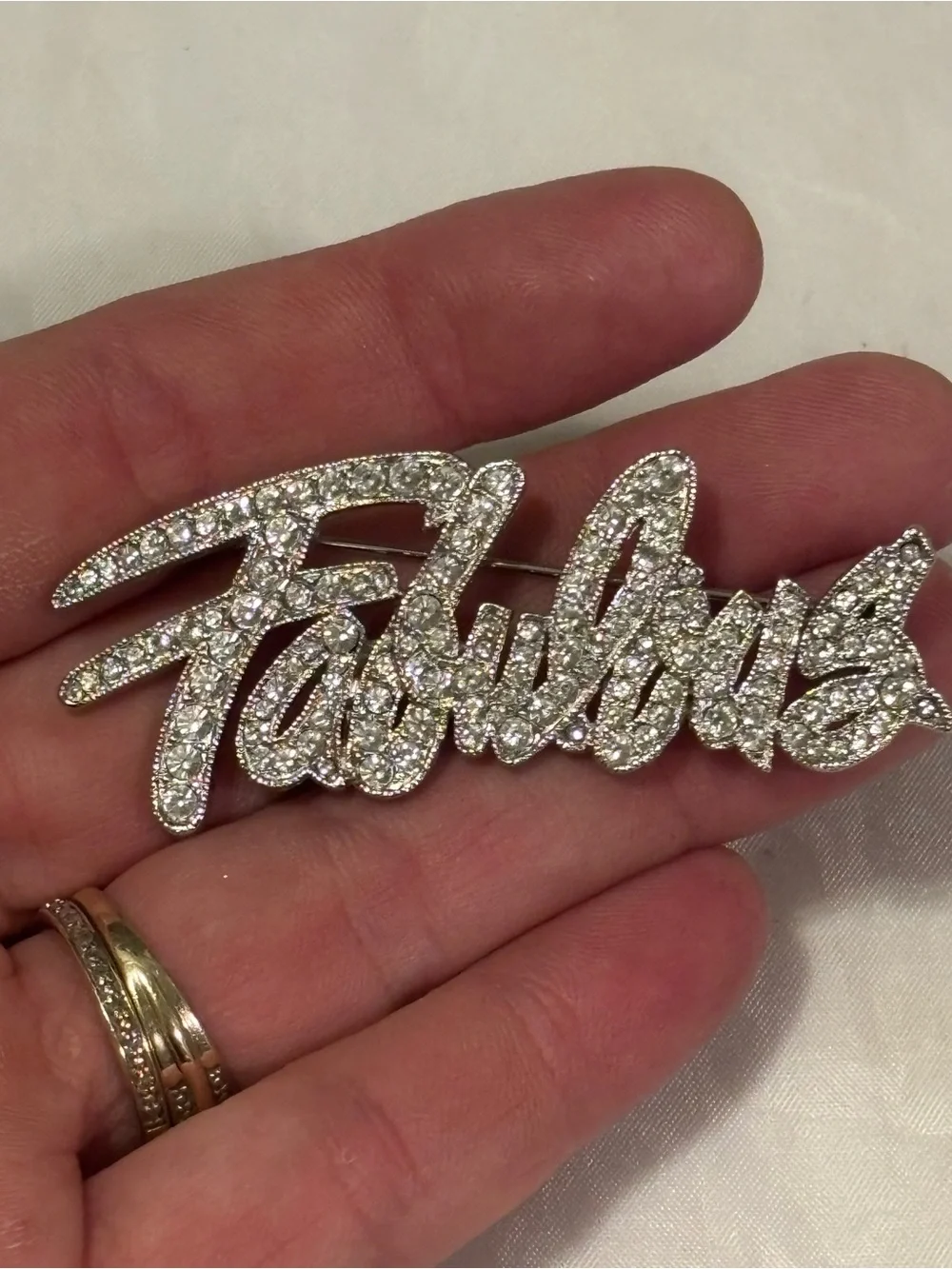 Bob Mackie Rhinestone Fabulous Embellished Fashion Script Brooch - Silver